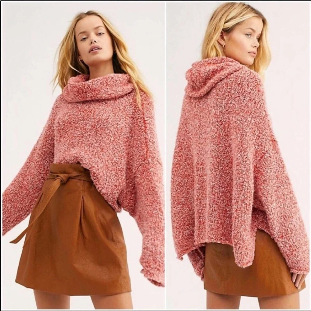 Free People BFF Cowl Neck Sweater Top Red Marled S Cozy Mockneck Knit Winter